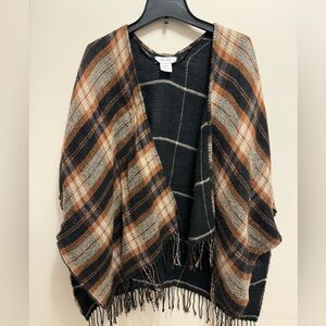 Nine West Flannel Plaid Shawl Poncho Cardigan Shrug Fringe O/S Used